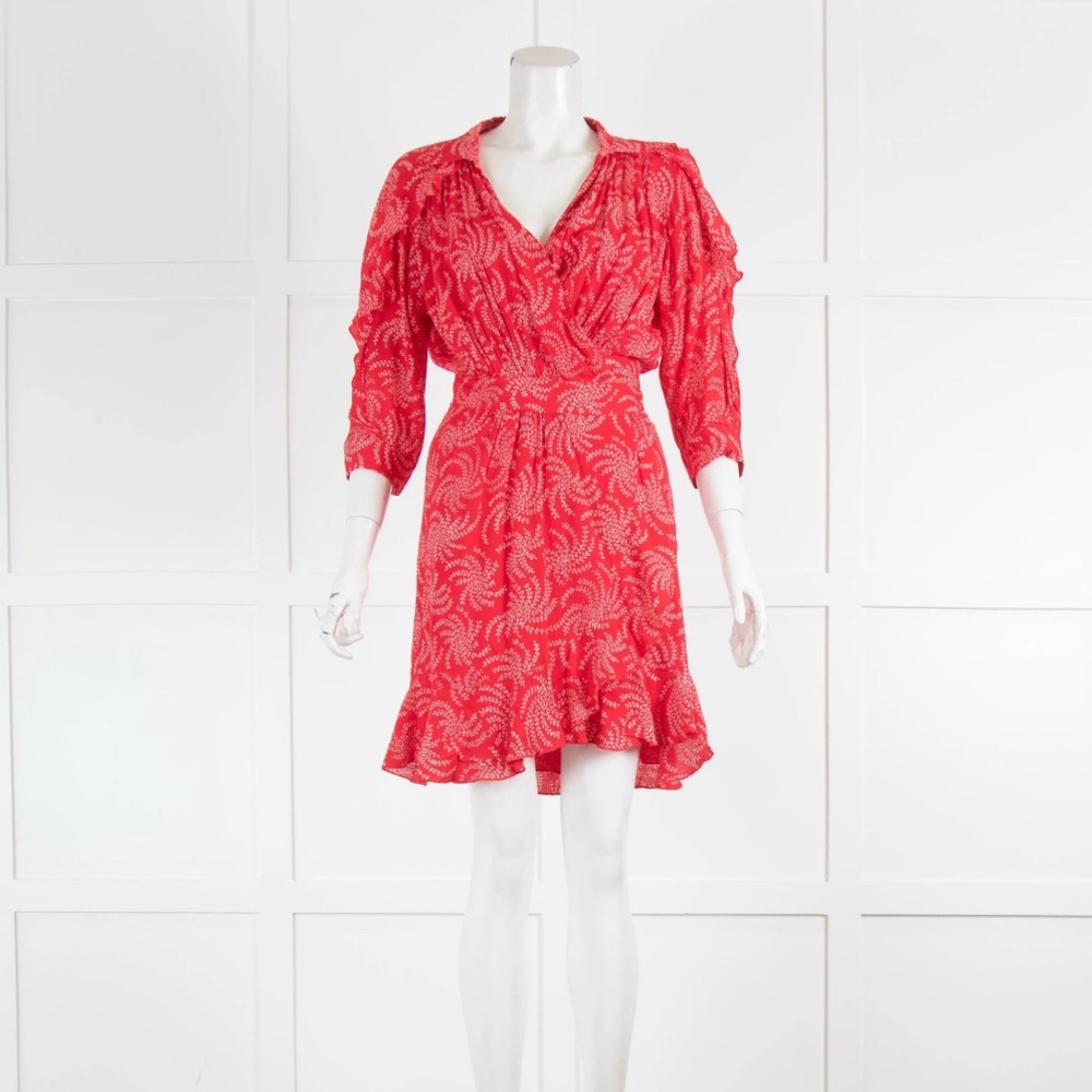 Ba&sh Corazon Red Floral Ruffle V-Neck Mini Wrap Dress Womens Size Small 0